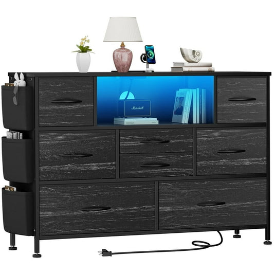 GIKPAL Dresser with Power Outlets, 8 Drawers Dresser with Side Pocket, Chest of Drawers with PU Finish, Fabric Dresser with Sturdy Frame & Wood Top for up to 55inch TV, Black