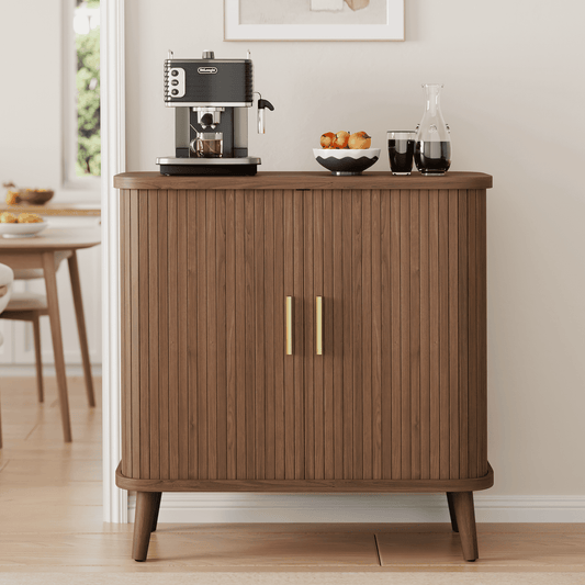 GIKPAL Sideboards and Buffets, Accent Cabinet with Tambour Sliding Doors, Adjustable Shelf for Kitchen Storage, Storage Cabinet for Dining Living Room, Entryway, Walnut
