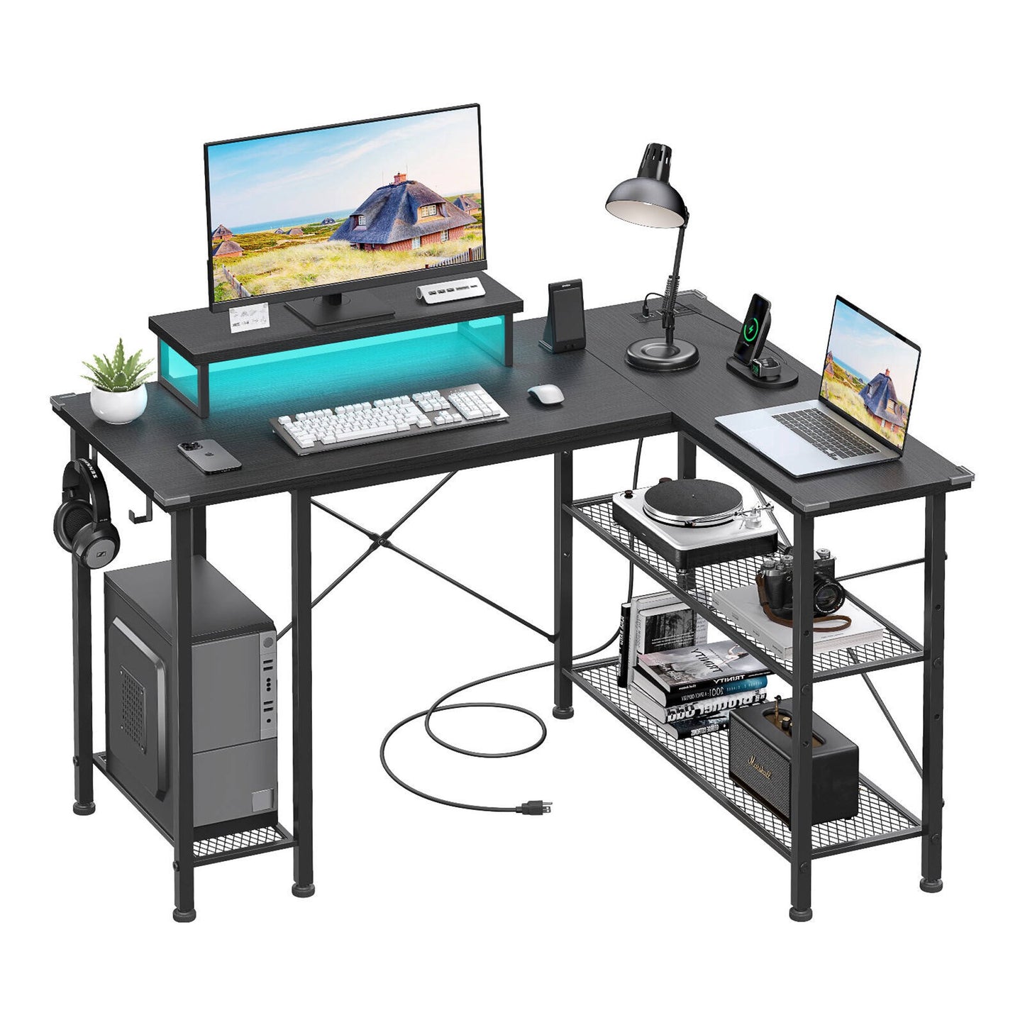 GIKPAL Computer Desk 47” Gaming Desk Home Office Desk with LED Lights and Power Outlet, Small Writing Desk with Monitor Stand, Modern Design Corner Table, Black