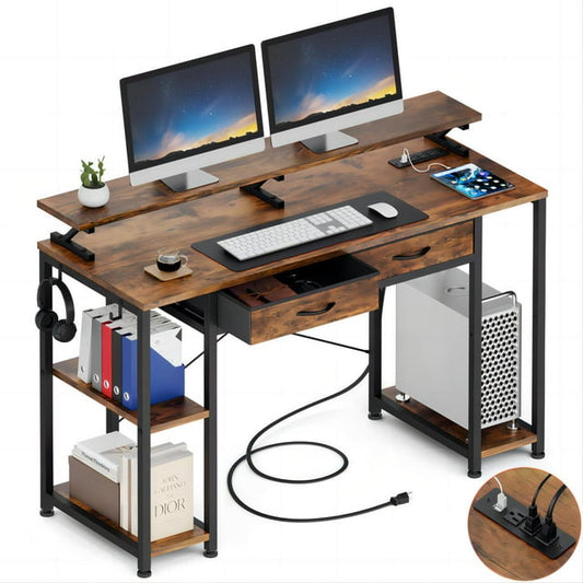 GIKPAL Computer Desk 47” Gaming Desk Home Office Desk with Drawers and Storage Shelves and Power Outlet, Small Writing Desk with Monitor Stand Rustic Brown