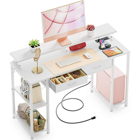 GIKPAL Computer Desk,Home Office Desk with Storage Shelves and Power Outlet, Small Writing Desk with Monitor Stand, Modern Design Corner Table, White