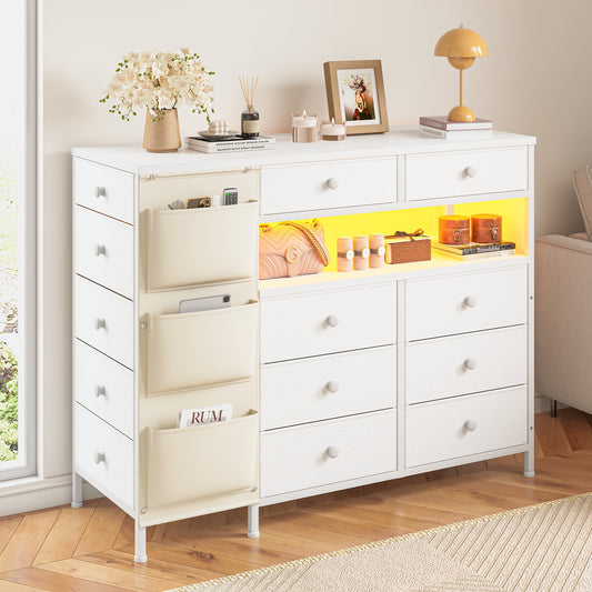 GIKPAL LED Dresser for Bedroom, TV Stand for Bedroom with LED Lights and Power Outlet, Wide Chest of Drawers for Hallway, 6 Fabric Drawers for Living Room and Entryway, White