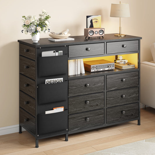 GIKPAL LED Dresser for Bedroom, TV Stand for Bedroom with LED Lights and Power Outlet, Wide Chest of Drawers for Hallway, 6 Fabric Drawers for Living Room and Entryway, Black