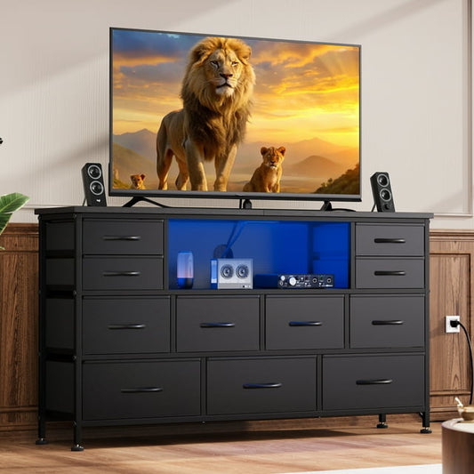 GIKPAL Dresser with LED Lights and Power Outlet, Black Dresser for Bedroom, Dresser TV Stand with 11 Drawers, Fabric Chest of Drawers, Wide Dresser Storage Organizer