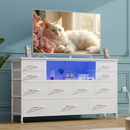 GIKPAL Dresser with LED Lights and Power Outlet, White Dresser for Bedroom, Dresser TV Stand with 11 Drawers, Fabric Chest of Drawers, Wide Dresser Storage Organizer
