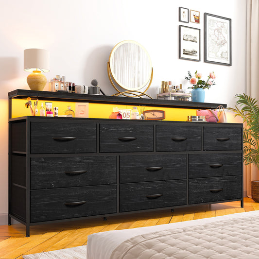 GIKPAL Dresser Fits 45" TV with Power Socket and LED Light, 5 Fabric Drawers with Side Pockets, Small Dresser Wooden Top With Sturdy Frame, Black