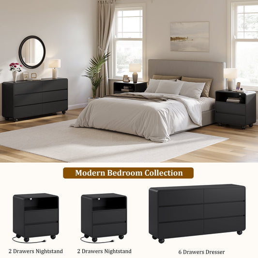 GIKPAL Dresser and Nightstand Sets for Bedroom, 3-Piece Bedroom Furniture Set, 6 Drawer Dresser with Modern Nightstand Set of 2, Charging Station, Black