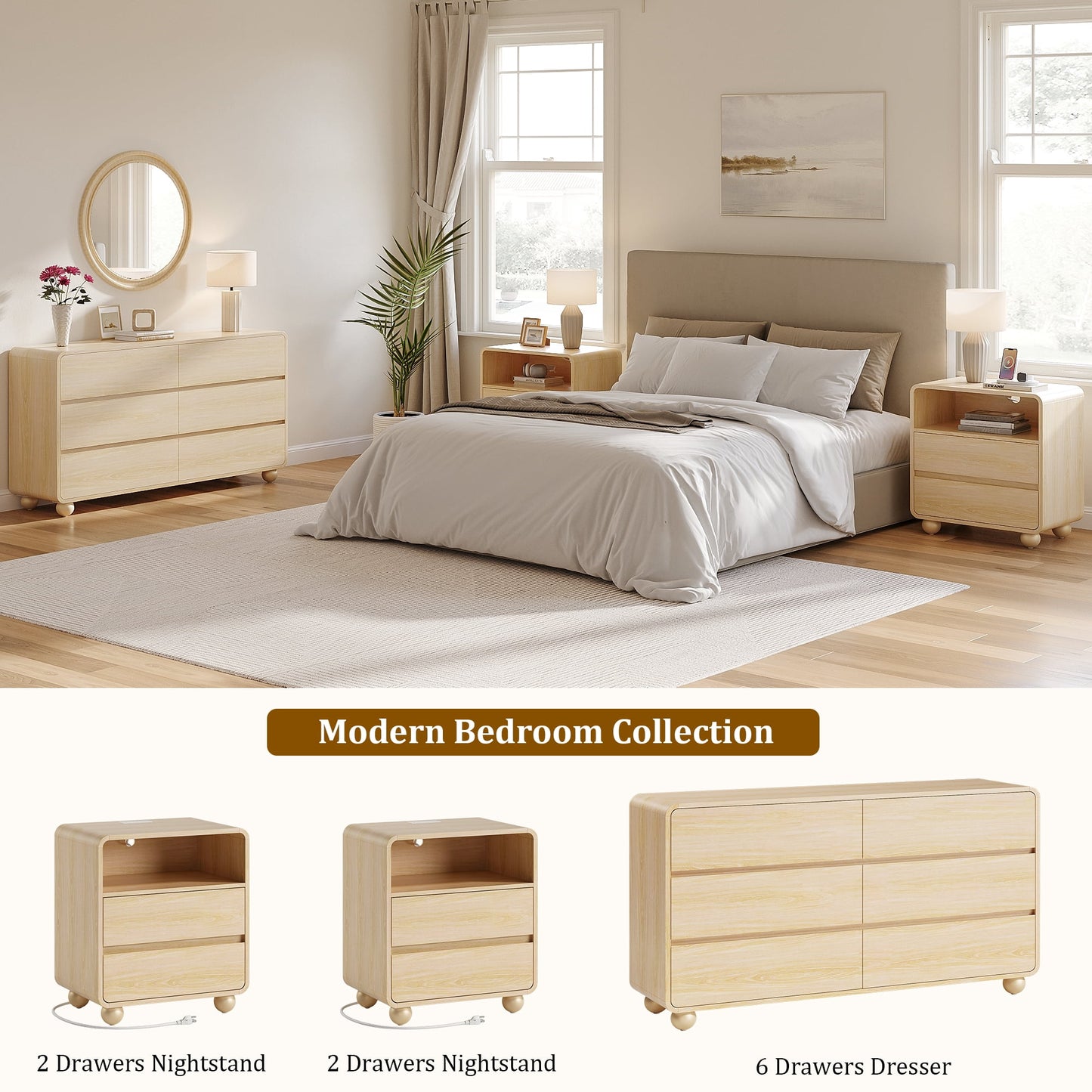 GIKPAL Dresser and Nightstand Sets for Bedroom, 3-Piece Bedroom Furniture Set, 6 Drawer Dresser with Modern Nightstand Set of 2, Charging Station, Natural