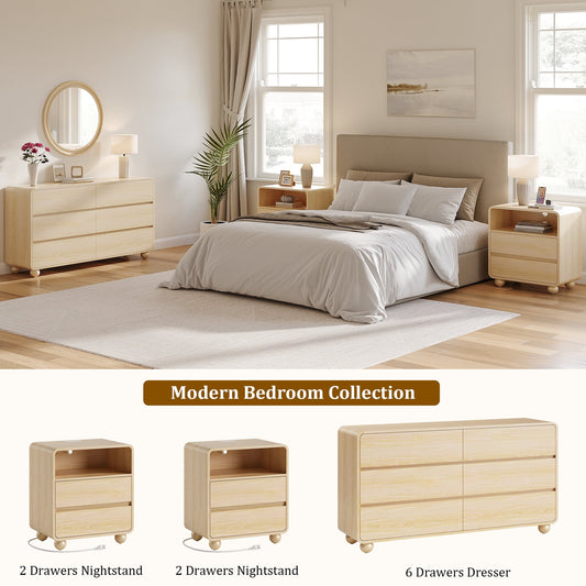GIKPAL Dresser and Nightstand Sets for Bedroom, 3-Piece Bedroom Furniture Set, 6 Drawer Dresser with Modern Nightstand Set of 2, Charging Station, Natural