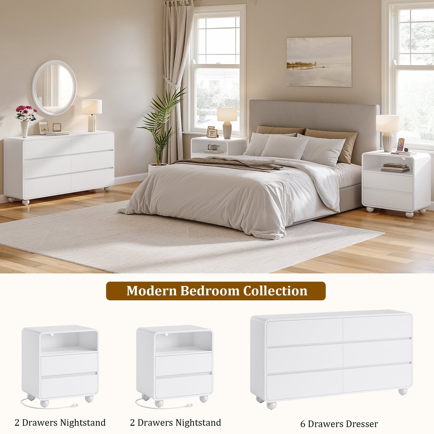 GIKPAL Dresser and Nightstand Sets for Bedroom, 3-Piece Bedroom Furniture Set, 6 Drawer Dresser with Modern Nightstand Set of 2, Charging Station, White