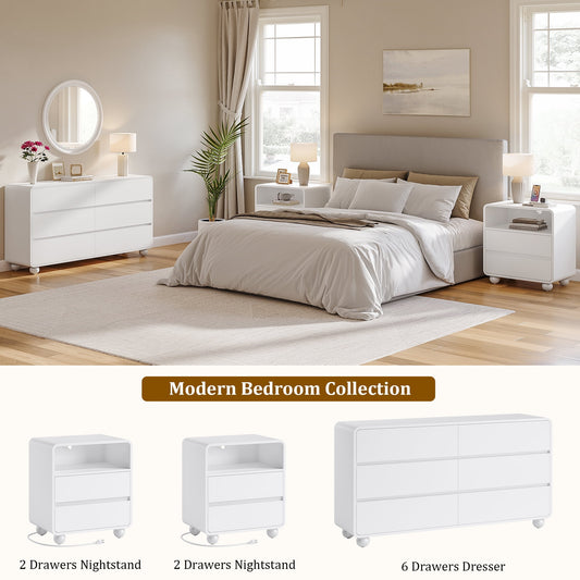 GIKPAL Dresser and Nightstand Sets for Bedroom, 3-Piece Bedroom Furniture Set, 6 Drawer Dresser with Modern Nightstand Set of 2, Charging Station, White
