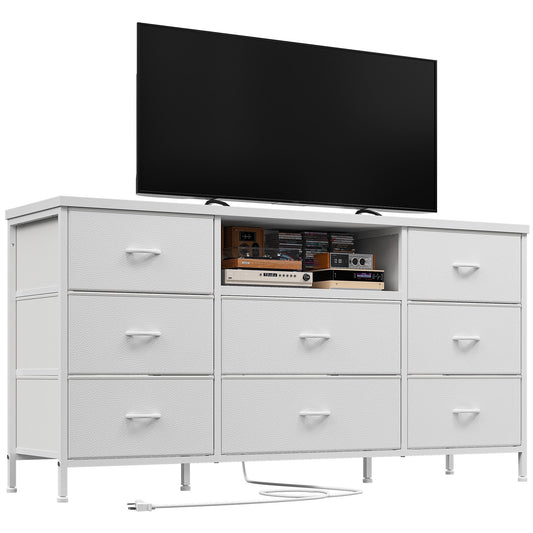 GIKPAL Dresser with Power Outlets, 8 Drawers Dresser with Side Pocket, Chest of Drawers with PU Finish, Fabric Dresser with Sturdy Frame & Wood Top for up to 55inch TV, White