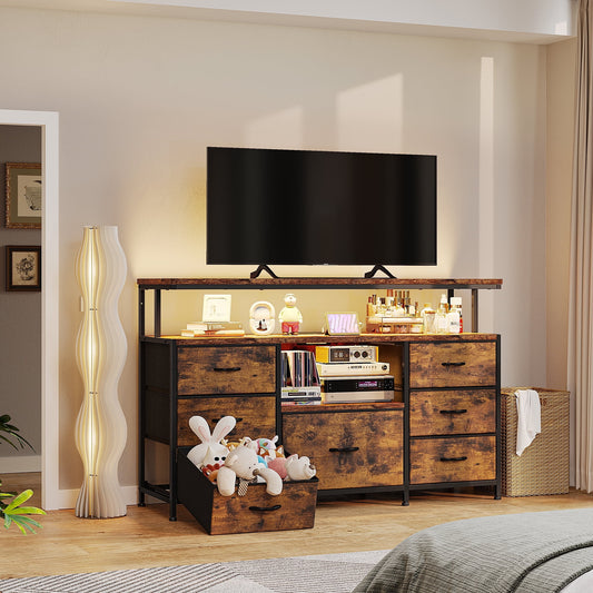 GIKPAL Dresser with Power Outlets and LED Lights, 5 Drawers Dresser with Side Pocket, Fabric Chest of Drawers, Small Dresser with Sturdy Frame & Wood Top for up to 45" TV, Brown