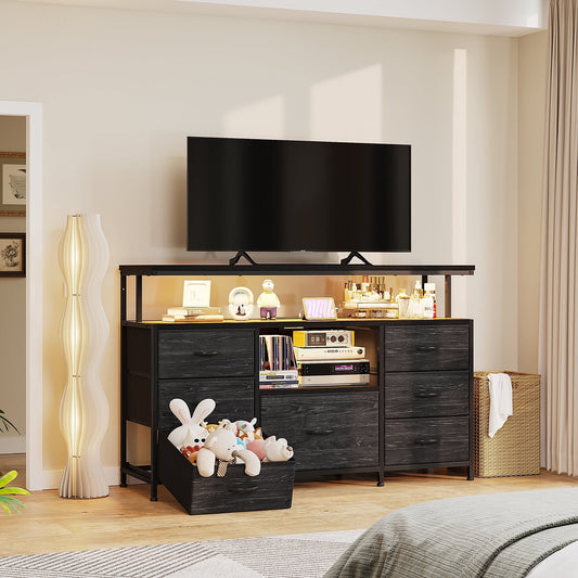 GIKPAL Dresser with Power Outlets and LED Lights, 5 Drawers Dresser with Side Pocket, Fabric Chest of Drawers Small Dresser with Sturdy Frame & Wood Top for up to 45" TV, Black