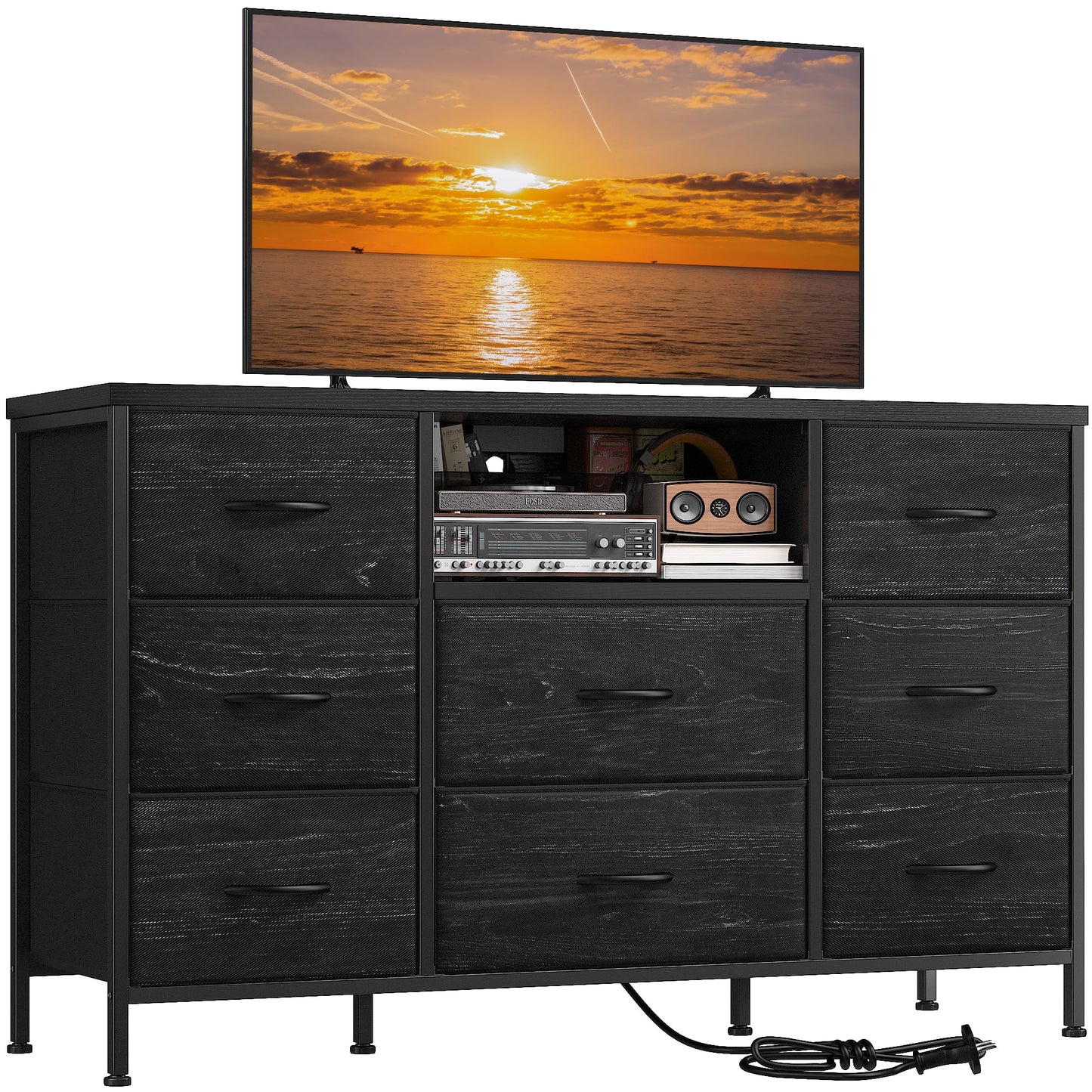 GIKPAL Dresser with Power Outlets and LED Lights, 9 Drawers Dressers for Bedroom with Side Pocket, Chest of Drawers Small Dresser with Sturdy Frame & Wood Top for up to 55" TV, Brown