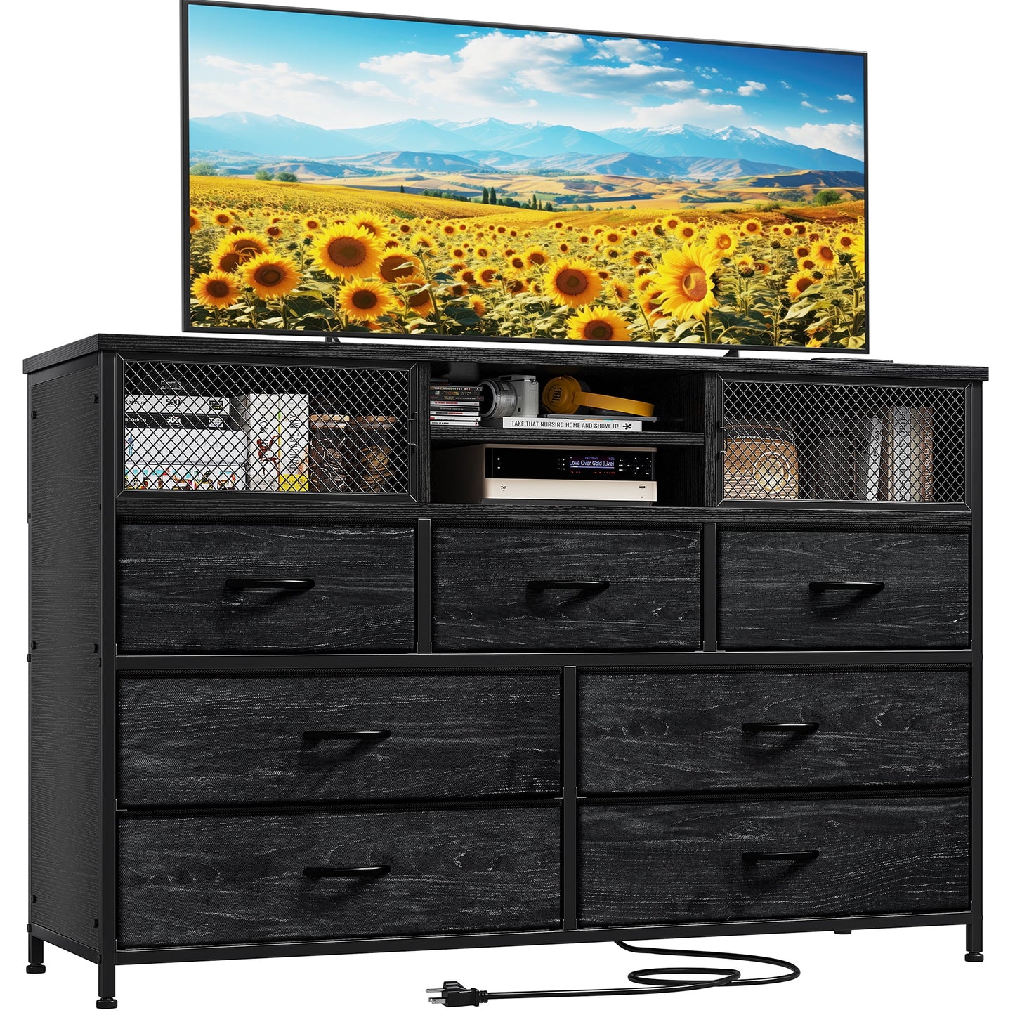 GIKPAL Dresser with Power Outlets and LED Lights, 9 Drawers Dresser with Side Pocket, Fabric Chest of Drawers with PU Finish, Small Dresser with Sturdy Frame & Wood Top for up to 55inch TV, Black