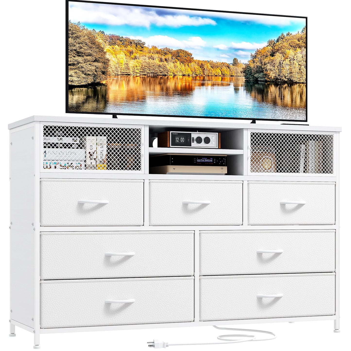 GIKPAL Dresser with Power Outlets and LED Lights, 9 Drawers Dresser with Side Pocket, Fabric Chest of Drawers with PU Finish, Small Dresser with Sturdy Frame & Wood Top for up to 55inch TV, White