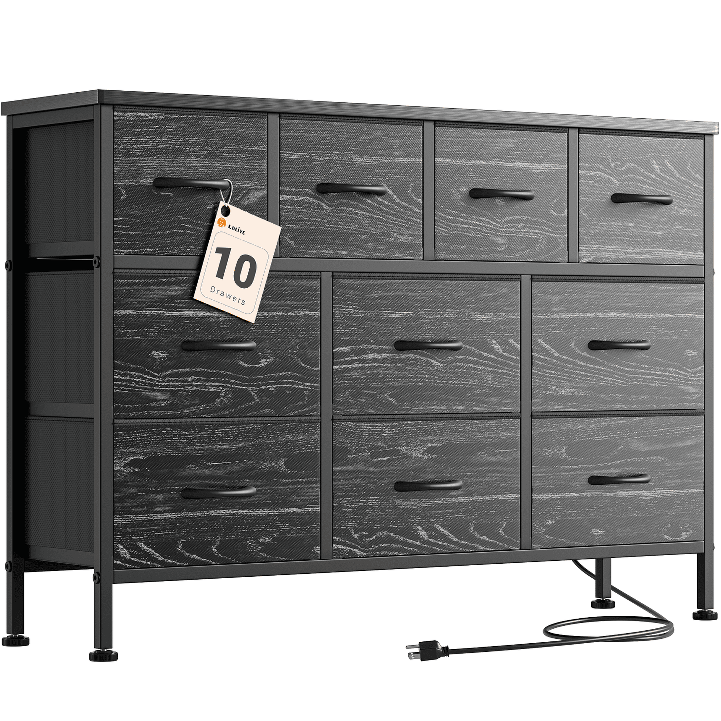 GIKPAL Dresser TV Stand, 10 Drawer Dresser for Bedroom with Power Outlet, Chest of Drawers for 55" Long TV, Fabric Dresser for Storage and Organization, Black