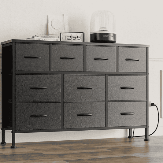 GIKPAL Dresser TV Stand, 10 Drawer Dresser for Bedroom with Power Outlet, Chest of Drawers for 50" Long TV, PU Black Dresser for Storage and Organization