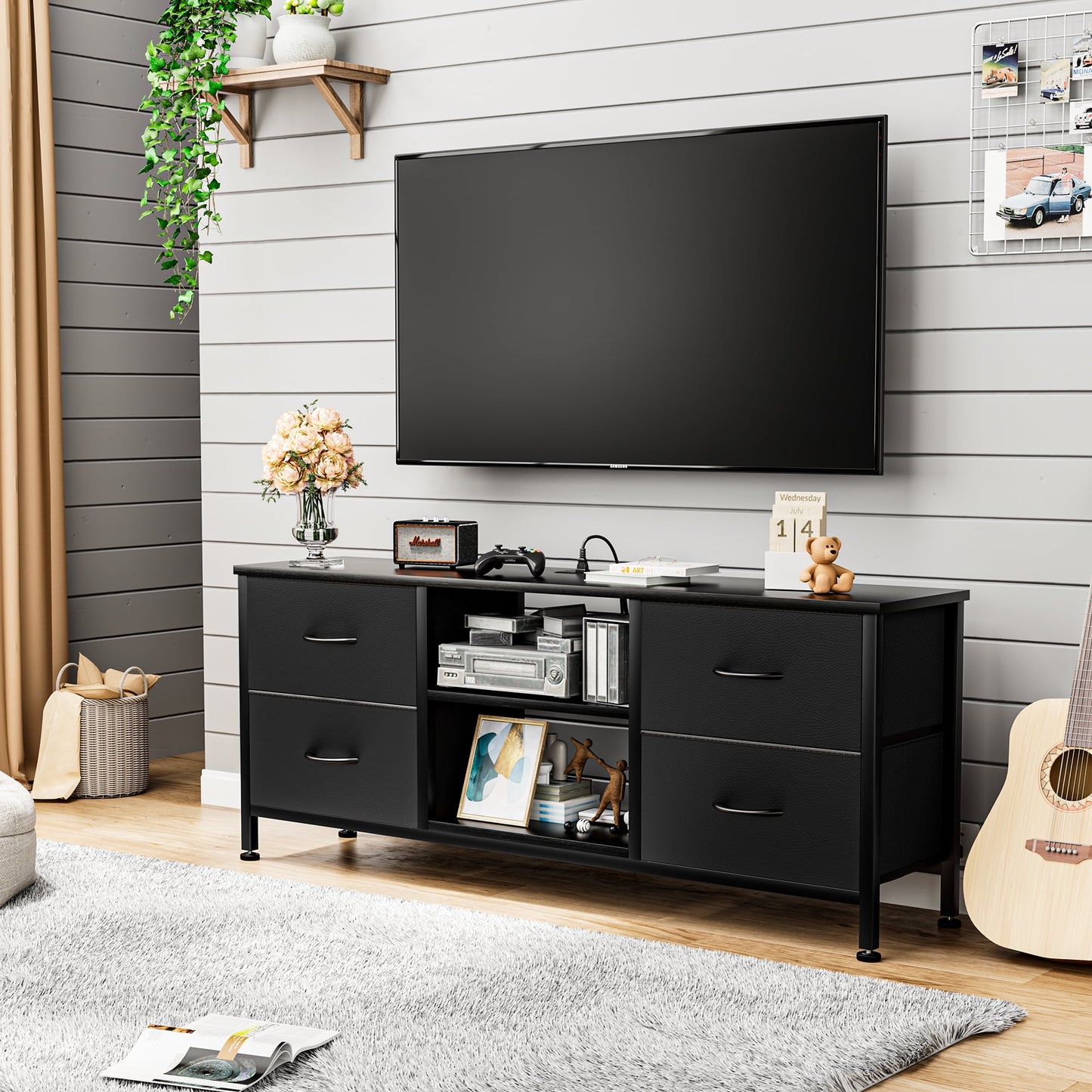 GIKPAL Dresser TV Stand, 4 Drawers Black Dressers for Bedroom TV Stand with Charging Station for 50" TV Chest of Drawers Media Console for Living Room