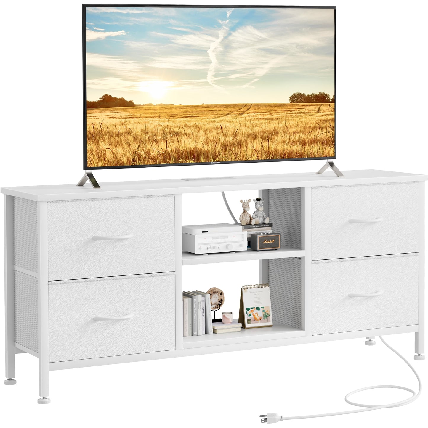 GIKPAL Dresser TV Stand, 4 Drawers White Dressers for Bedroom TV Stand with Charging Station for 50" TV Chest of Drawers Media Console for Living Room