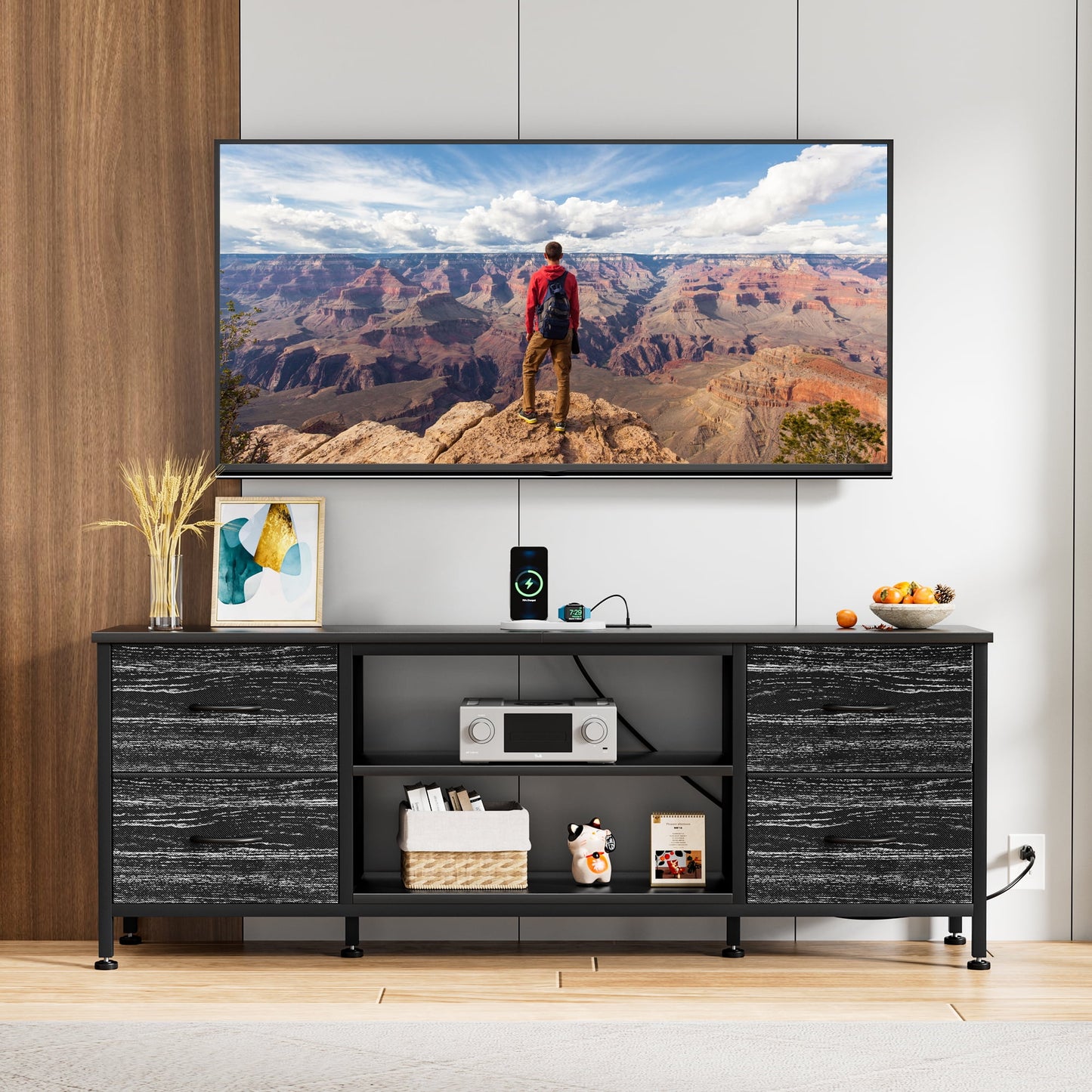 GIKPAL Dresser TV Stand, Dressers for Bedroom for 55" TV Stand with Power Outlet Black Dresser with 4 Fabric Drawers TV Console for Living Room