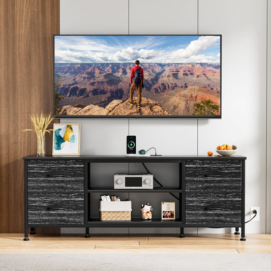 GIKPAL Dresser TV Stand, Dressers for Bedroom for 55" TV Stand with Power Outlet Black Dresser with 4 Fabric Drawers TV Console for Living Room