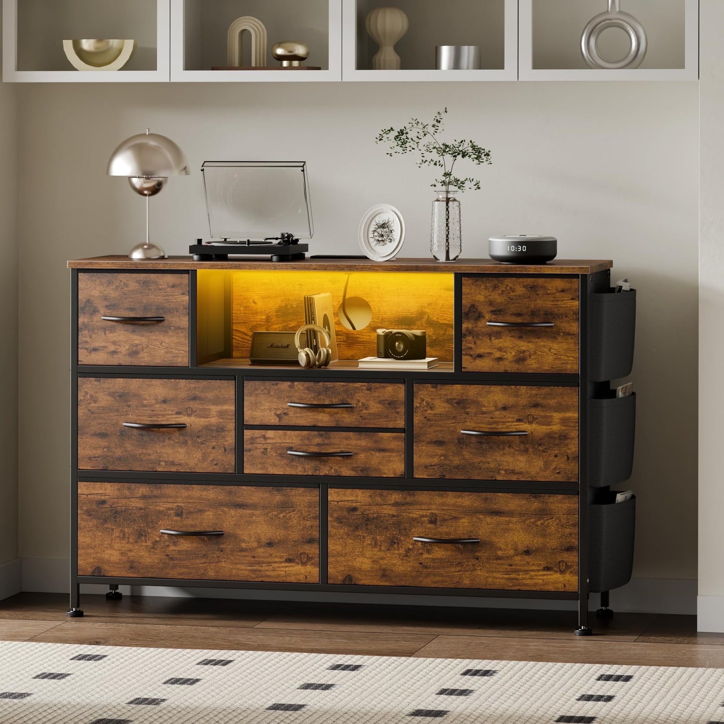 GIKPAL Dresser with Power Outlets and LED Lights, 5 Drawers Dresser with Side Pocket, Fabric Chest of Drawers, Small Dresser with Sturdy Frame & Wood Top for up to 45" TV, Brown