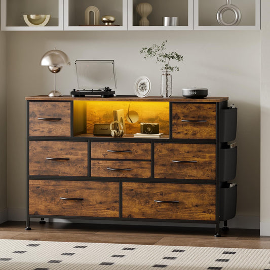 GIKPAL Dresser with Power Outlets and LED Lights, 5 Drawers Dresser with Side Pocket, Fabric Chest of Drawers, Small Dresser with Sturdy Frame & Wood Top for up to 45" TV, Brown