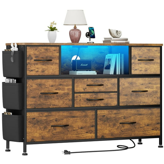 GIKPAL Dresser with Power Outlets, 8 Drawers Dresser with Side Pocket, Chest of Drawers with PU Finish, Fabric Dresser with Sturdy Frame & Wood Top for up to 55inch TV, Brown