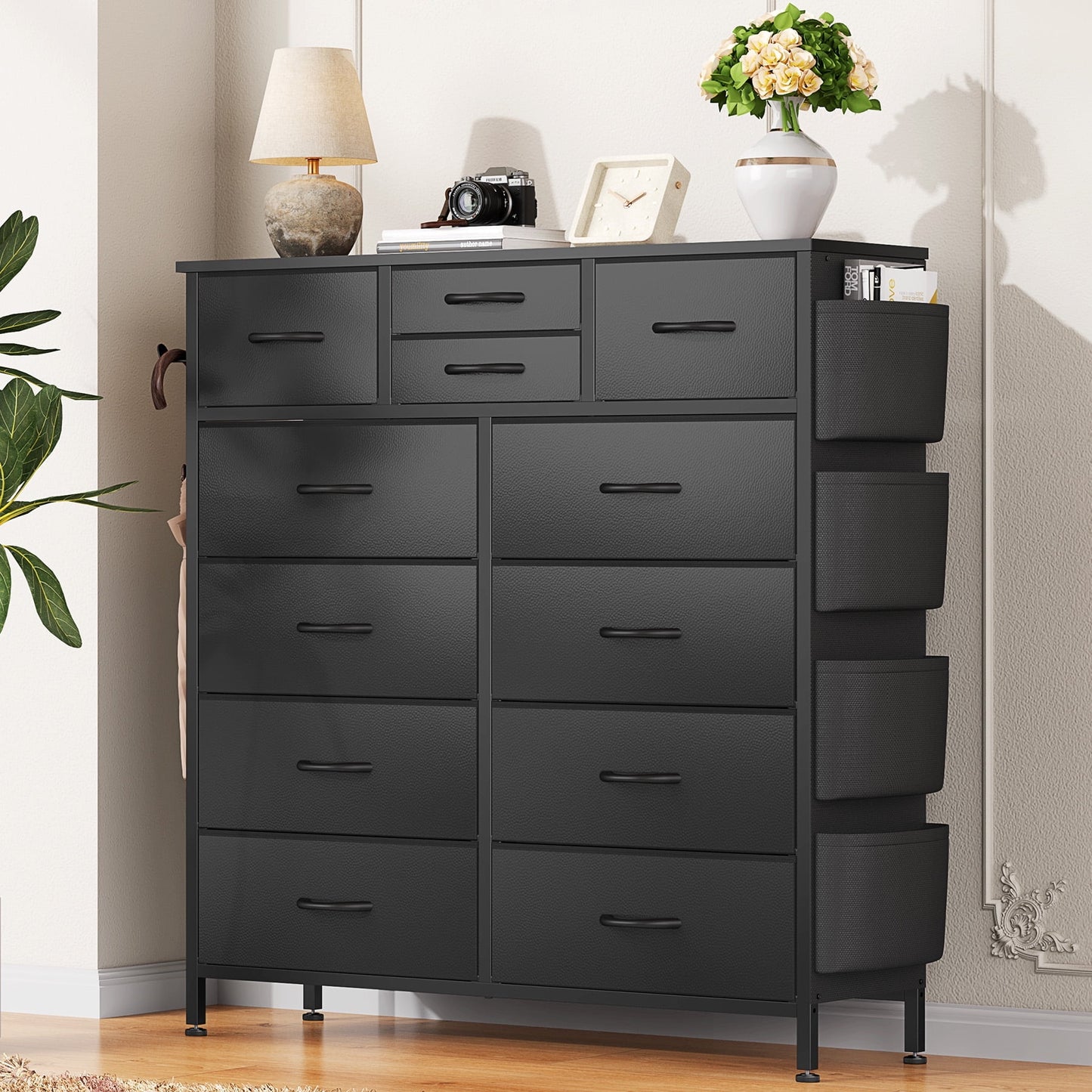 GIKPAL Dressers for Bedroom with 12 Drawer Chest of Drawers Tall Dresser Leather Finish Dressers Storage for Closet Living Room Hallway, Black