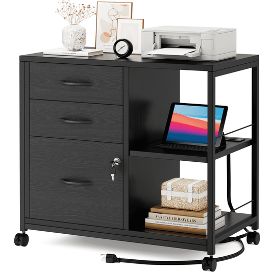 GIKPAL File Cabinet with Lock and Key, 3 Drawer Storage Drawers with Printer Stand and USB Charging Ports for Home Office, Black