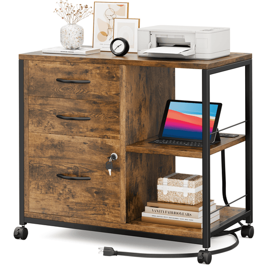 GIKPAL File Cabinet with Lock and Key, 3 Drawer Storage Drawers with Printer Stand and USB Charging Ports for Home Office, Brown