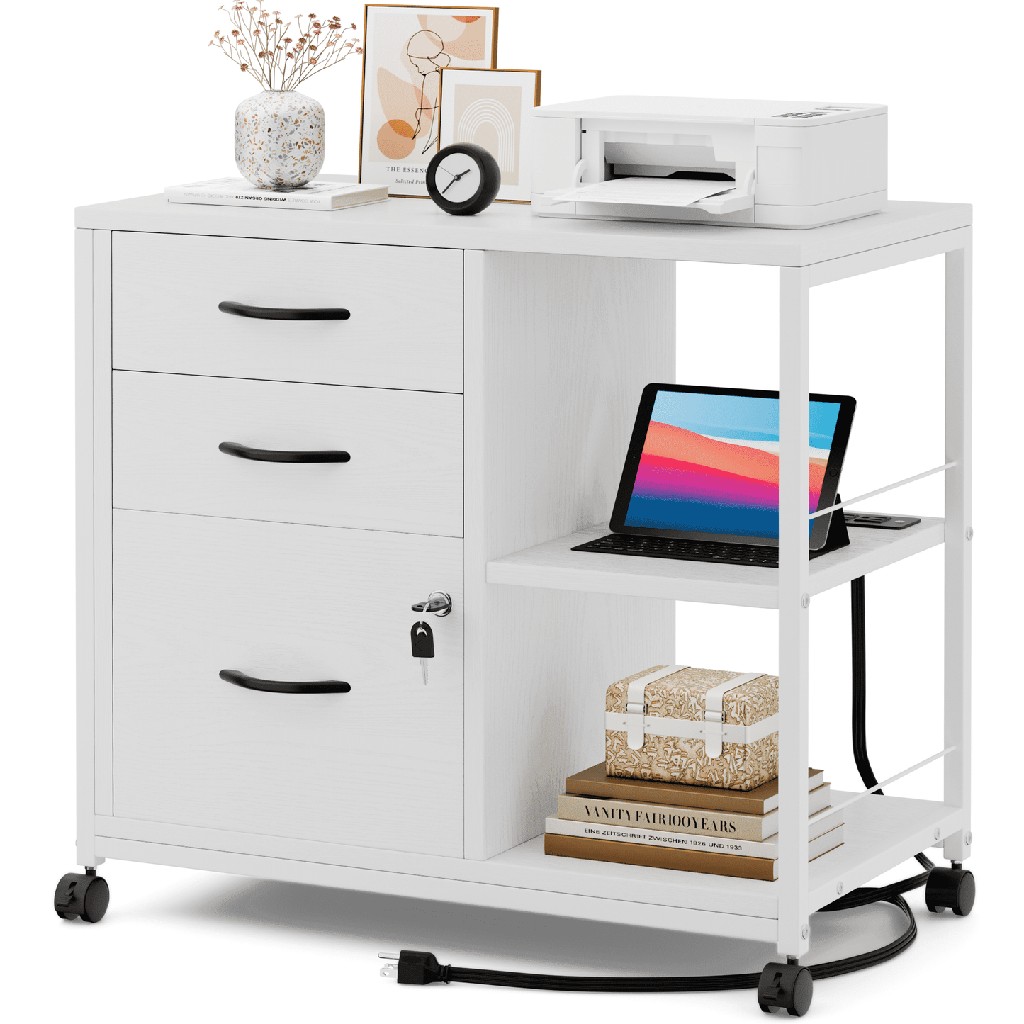 GIKPAL File Cabinet with Lock and Key, 3 Drawer Storage Drawers with Printer Stand and USB Charging Ports for Home Office, White