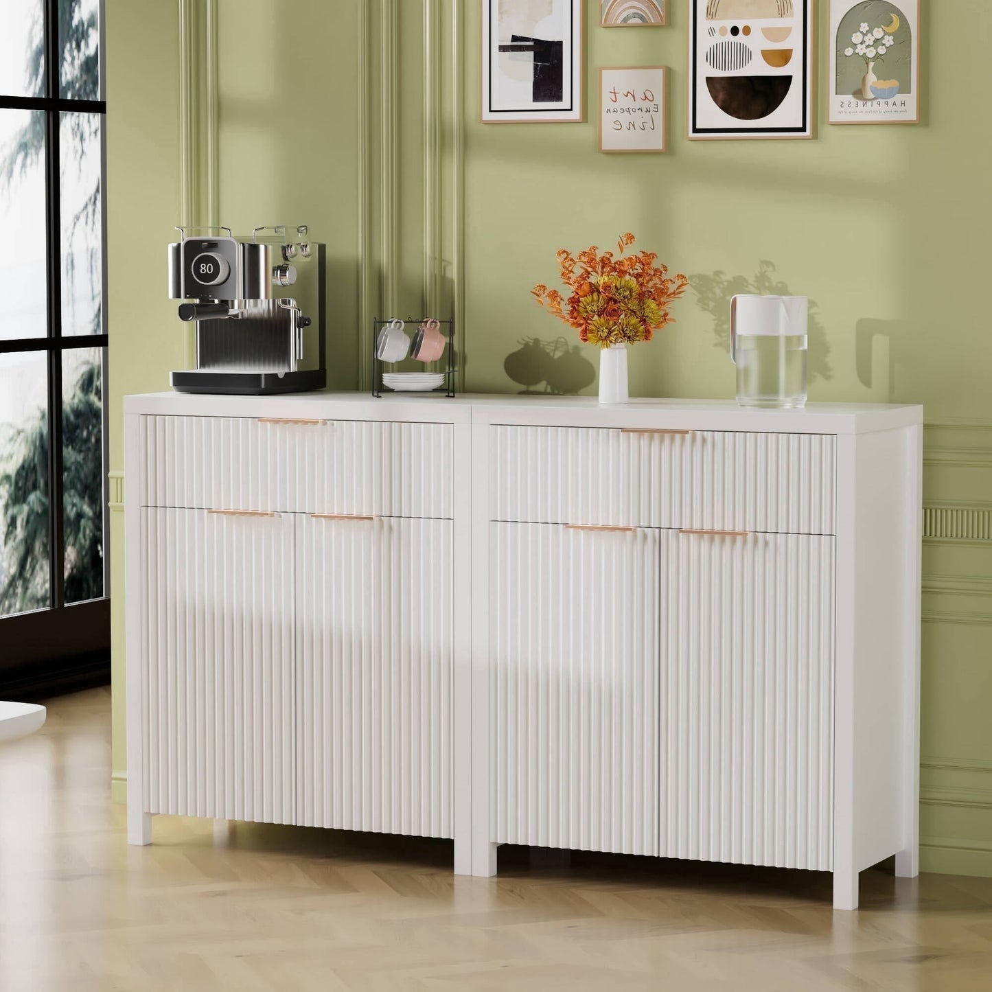 GIKPAL Buffet Cabinet with Storage, Fluted Kitchen Sideboard with Adjustable Shelf and Doors, Modern Boho Accent Cabinet with Drawer for Dining Living Room Furniture, White Set of 2