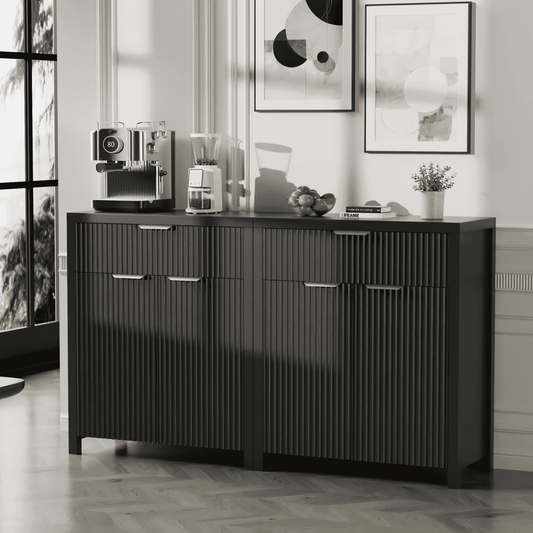 GIKPAL Storage Cabinet with Doors, Sideboard Buffet Cabinet with Storage Drawers, Modern Kitchen Accent Organizer with Adjustable Shelves, Black Set of 2