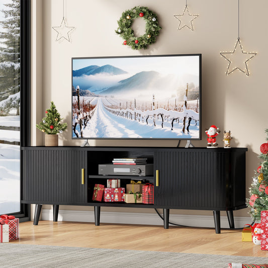 GIKPAL Fluted TV Stand for 65 Inch TV – Modern Entertainment Center with Power Outlets, Adjustable Shelves & Sliding Doors, Stylish Media Console for Living Room, Black
