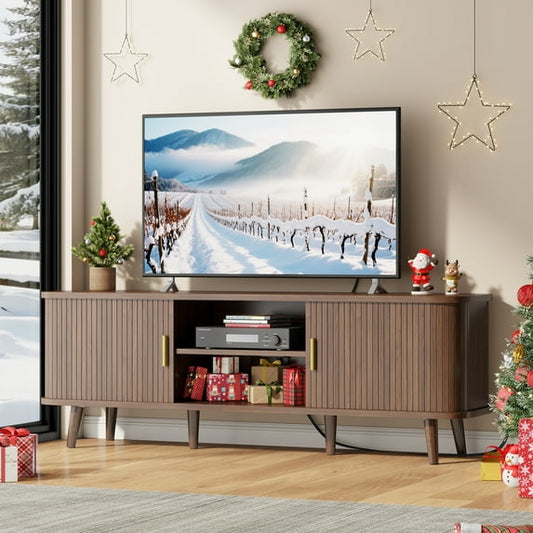 GIKPAL Fluted TV Stand for 65 Inch TV – Modern Entertainment Center with Power Outlets, Adjustable Shelves & Sliding Doors, Stylish Media Console for Living Room, Walnut