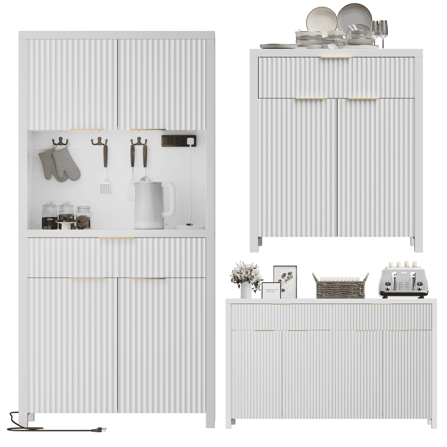 GIKPAL Pantry and Buffet 3-Piece, Include Pantry Cabinet with Outlet, 55" L Sideboard with Drawers, 28"L Buffet Cabinet with Storage, Modern Boho Kitchen Furniture, White