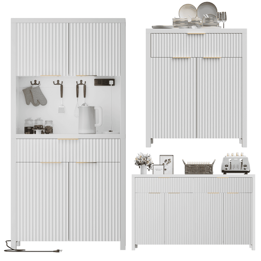 GIKPAL Pantry and Buffet 3-Piece, Include Pantry Cabinet with Outlet, 55" L Sideboard with Drawers, 28"L Buffet Cabinet with Storage, Modern Boho Kitchen Furniture, White