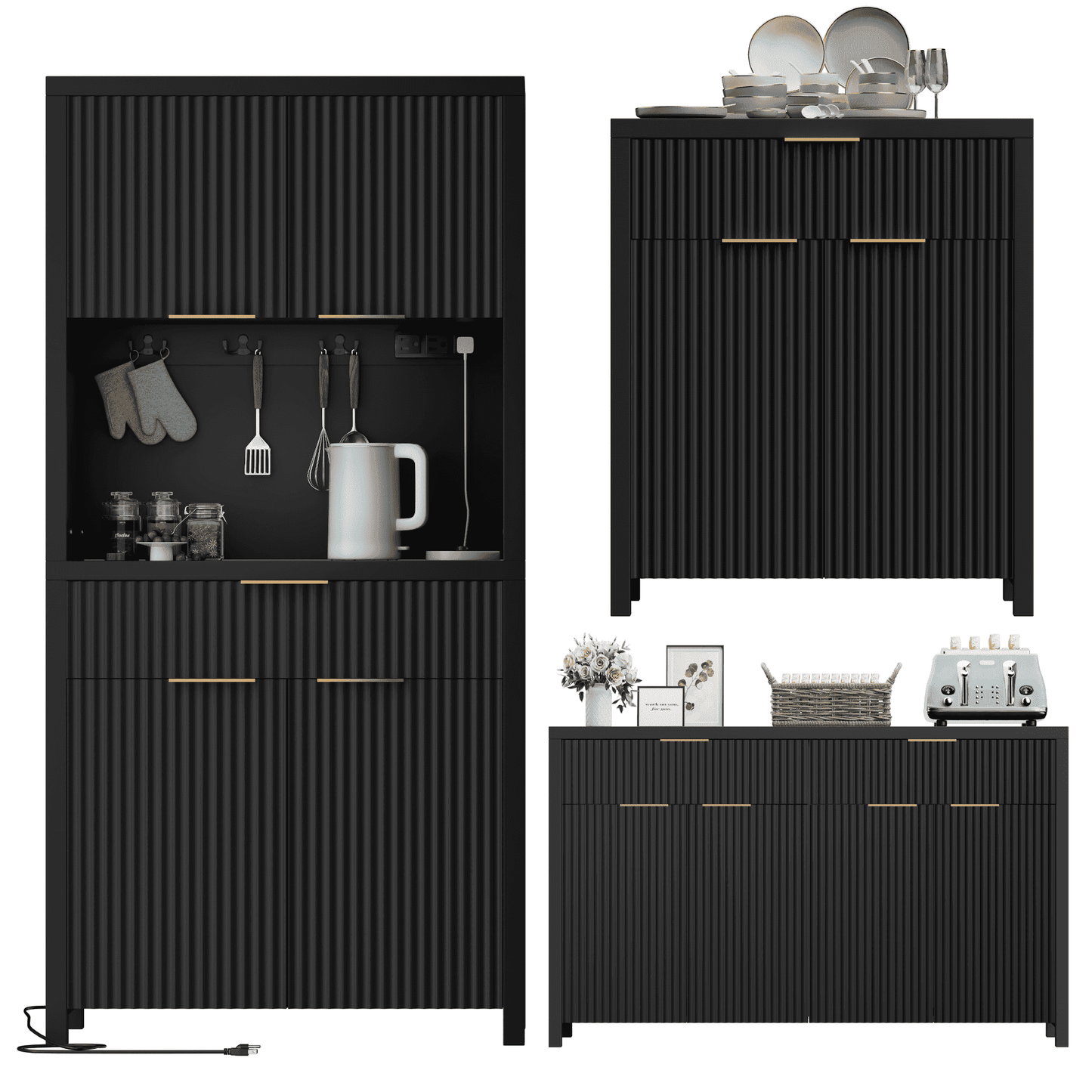 GIKPAL Pantry and Buffet 3-Piece, Include Pantry Cabinet with Outlet, 55" L Sideboard with Drawers, 28"L Buffet Cabinet with Storage, Modern Boho Kitchen Furniture, Black