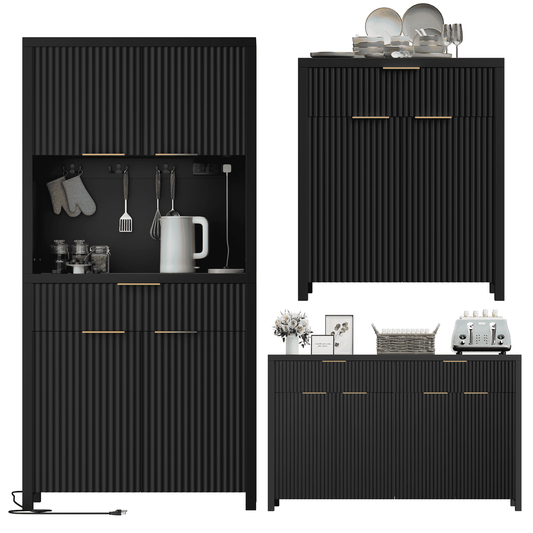 GIKPAL Pantry and Buffet 3-Piece, Include Pantry Cabinet with Outlet, 55" L Sideboard with Drawers, 28"L Buffet Cabinet with Storage, Modern Boho Kitchen Furniture, Black