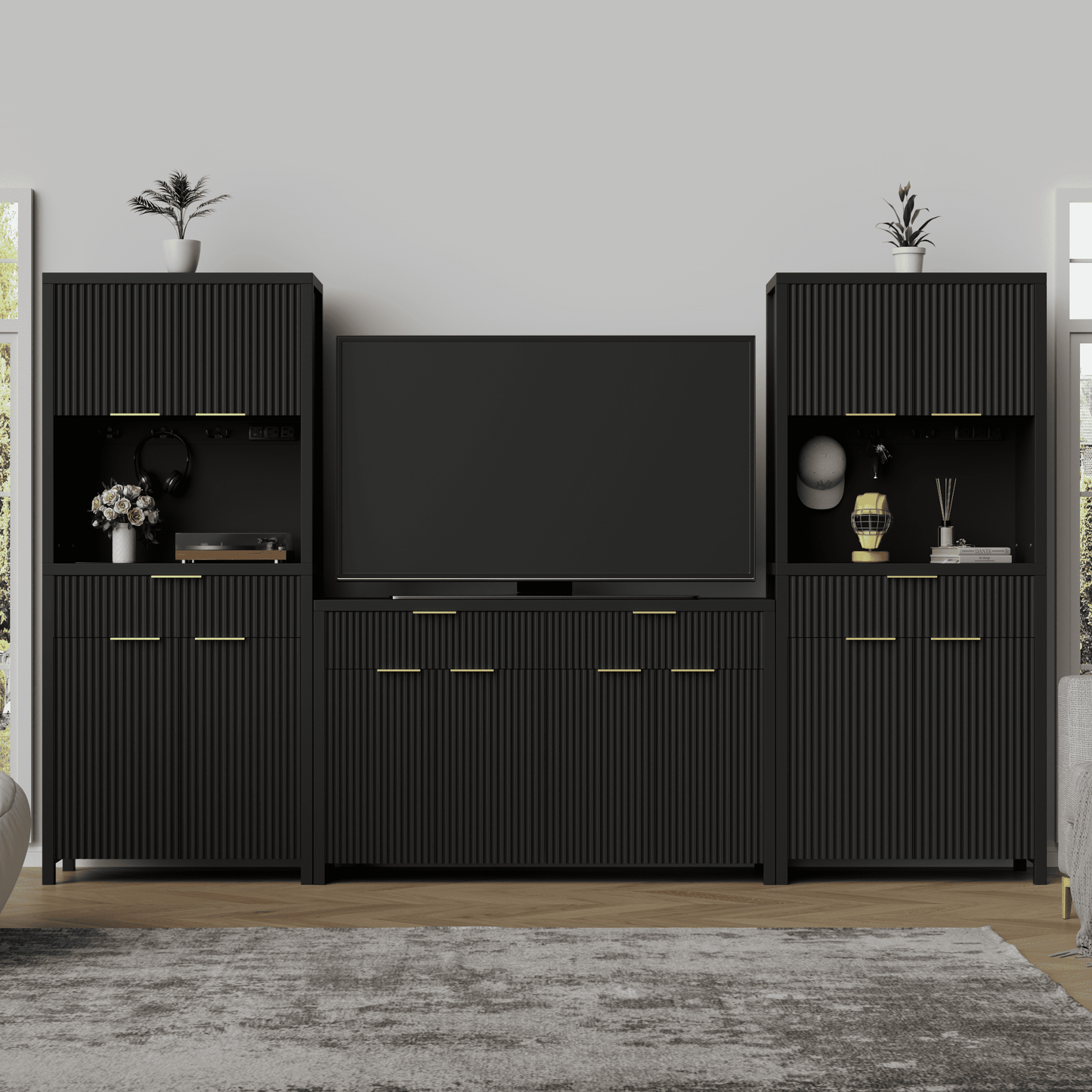 GIKPAL 3Pcs Pantry Storage Cabinet - Fluted Sideboard and Pantry Cabinet Set with Drawers, Modular Furniture Cabinet TV Stands for Living Room, Black