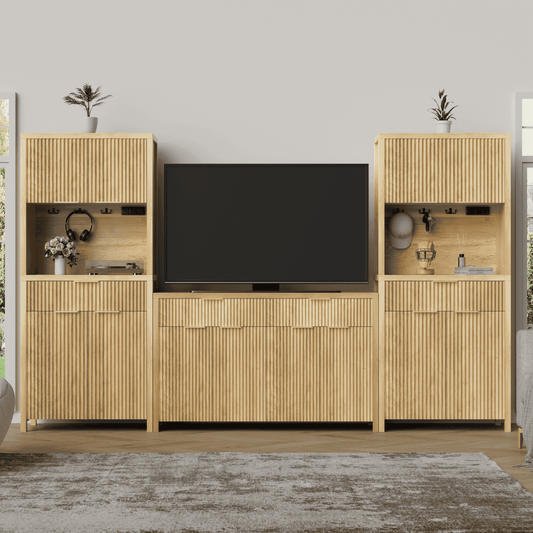 GIKPAL 3Pcs Pantry Storage Cabinet - Fluted Sideboard and Pantry Cabinet Set with Drawers, Modular Furniture Cabinet TV Stands for Living Room, Natural Oak