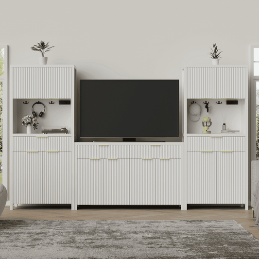 GIKPAL 3Pcs Pantry Storage Cabinet - Fluted Sideboard and Pantry Cabinet Set with Drawers, Modular Furniture Cabinet TV Stands for Living Room, White