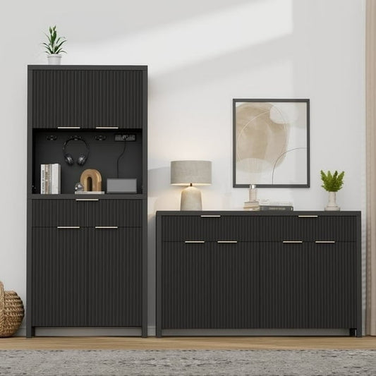 GIKPAL Kitchen Pantry Cabinet Furniture, Sideboard and Pantry Set with Drawers, Hutch Buffet Cabinet for Dining Living Room, Black