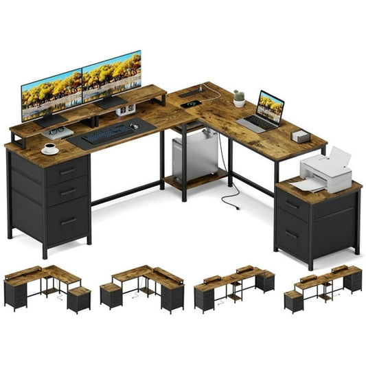 GIKPAL L-Shaped Computer Desk, 95" Marble & Metal Reversible Corner L-Shaped Office Desk with 3 Shelves/Monitor Stand/ Storage Bag/Hooks for Living Room Office, White