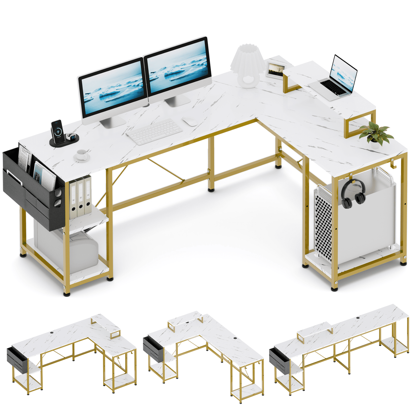 L Shaped Computer Desk, 95" Reversible Corner Computer Desk with Monitor Stand and Storage Bag, White