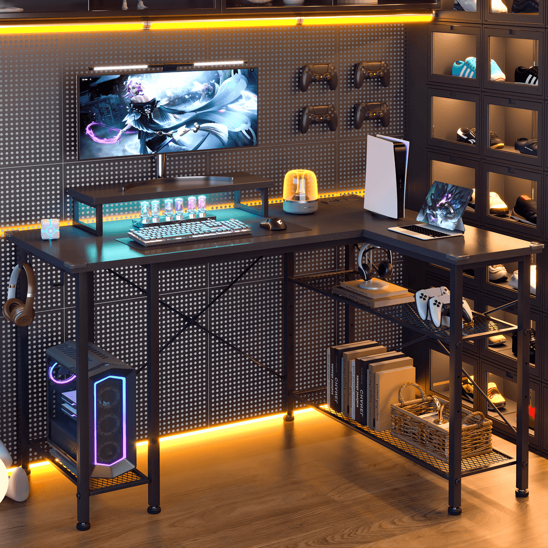 Computer Ligts GIKPAL L-Shaped Computer Desk with LED Lights & Power Outlets, Small G ...