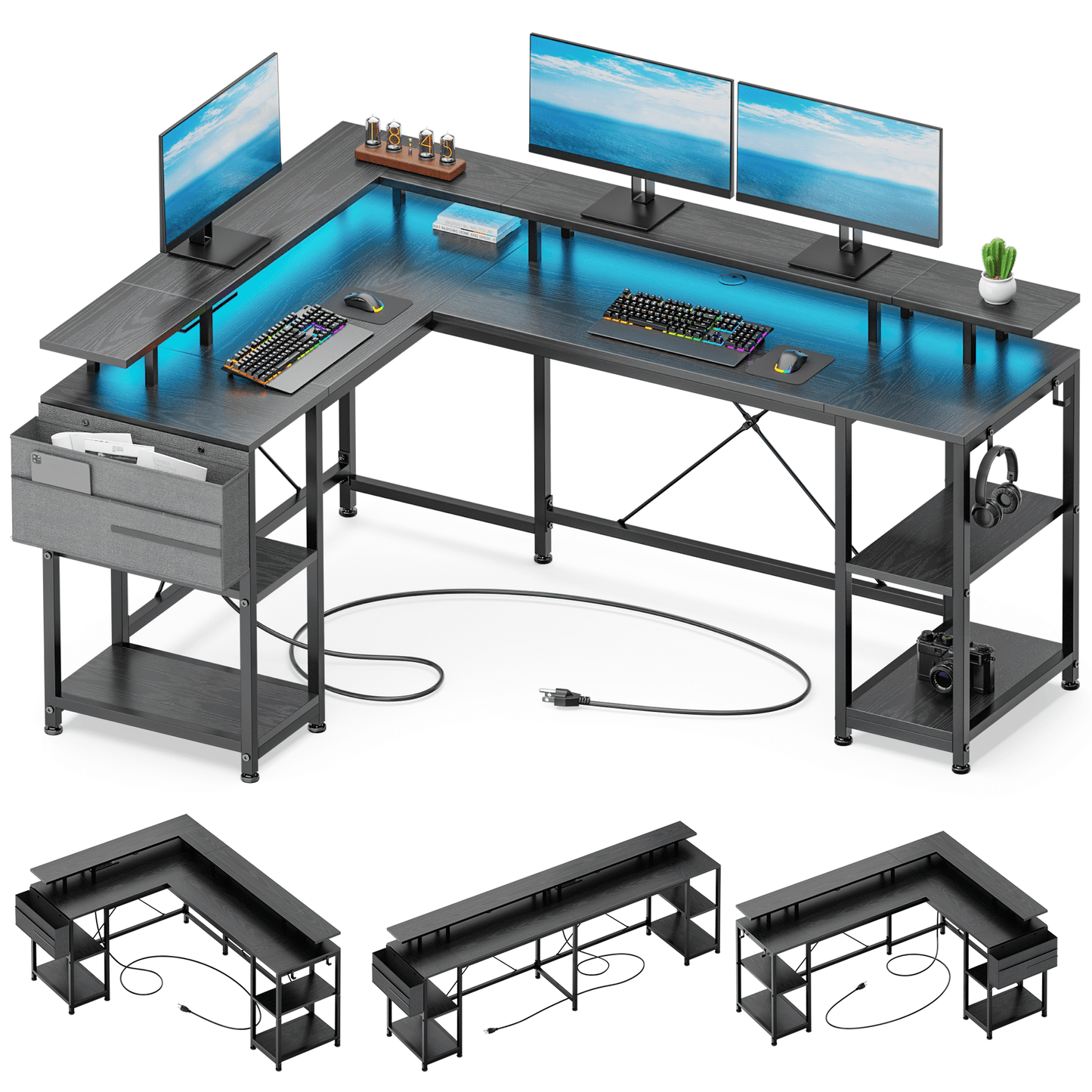 GIKPAL L-Shaped Desk, Reversible Computer Desk with Shelves/Monitor Stand/ Storage Bag/Hooks Office Desk for Living Room Office, Black